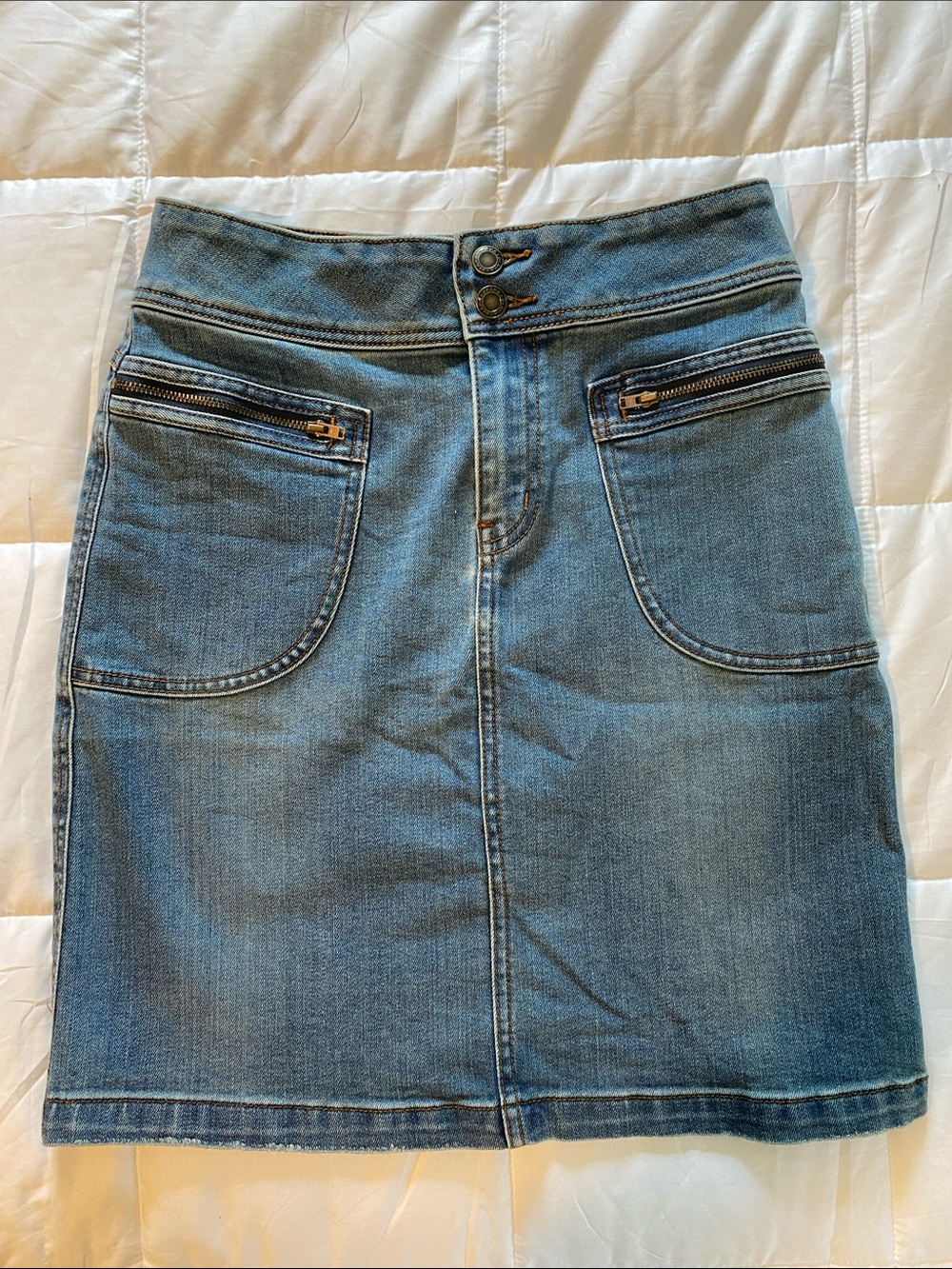 Prana Blue Denim Skirt with Dual Zip Pockets